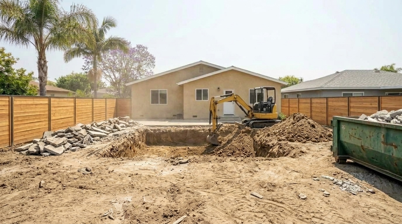 The same backyard with the old slab broken out, the lawn stripped to bare dirt, and the pool outline being dug