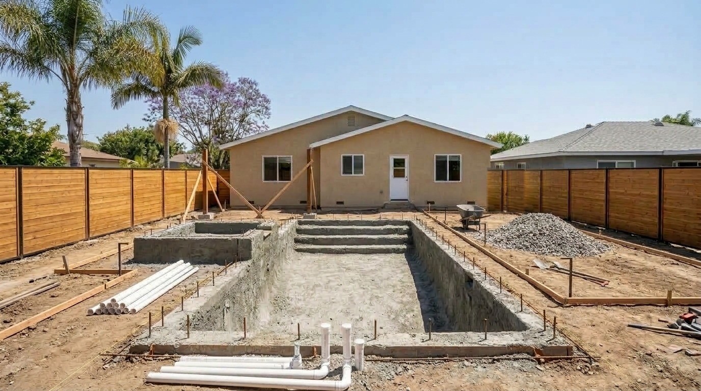 The same backyard with the pool excavated and its shotcrete shell in place, plumbing stubbed up, and the patio cover posts set in concrete