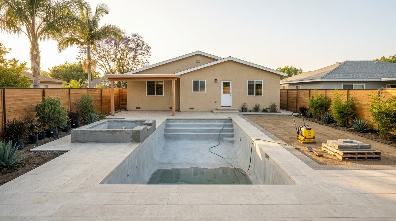 The same backyard with the paver decking laid, the patio cover framed and roofed, and the pool plastered and ready to fill