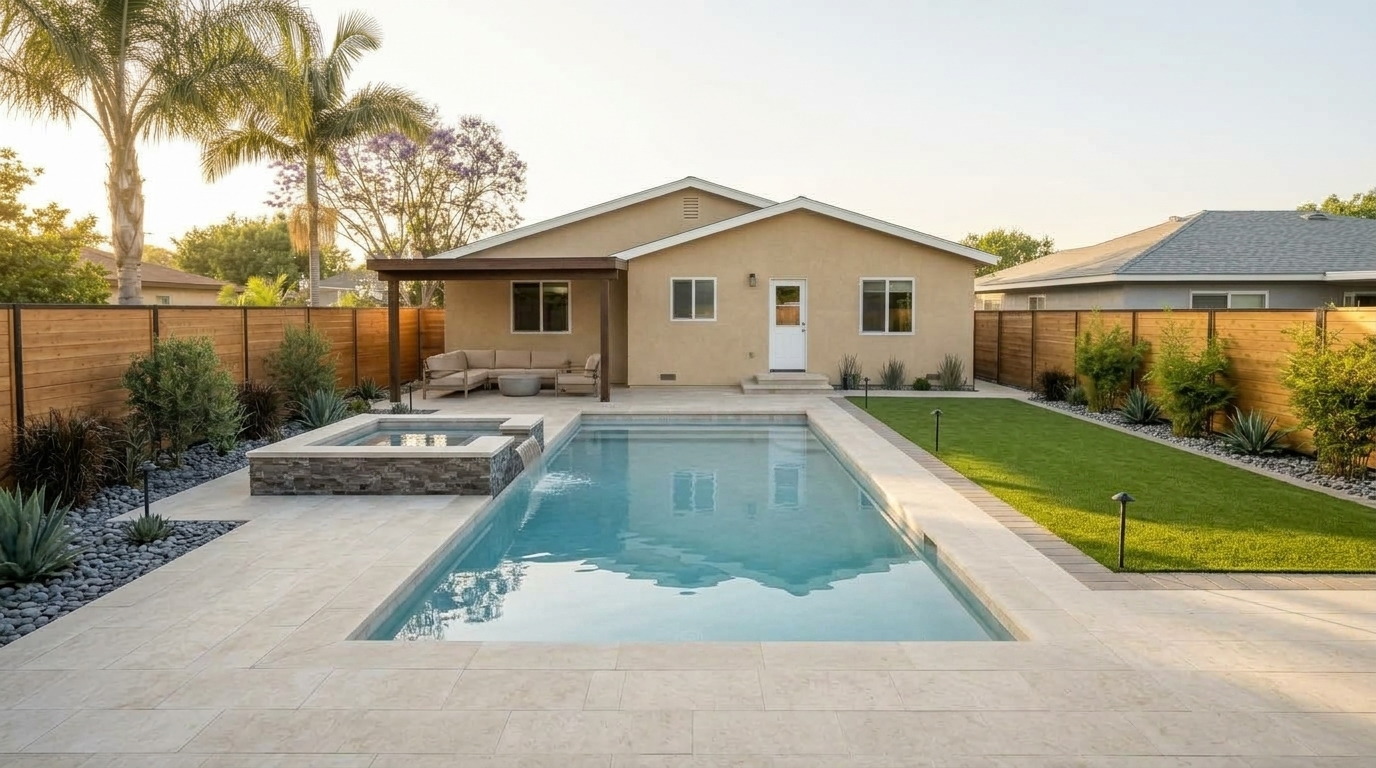 The same backyard finished, with a filled pool and raised spa, paver decking, a turf panel, planting beds, and a covered patio in late afternoon light