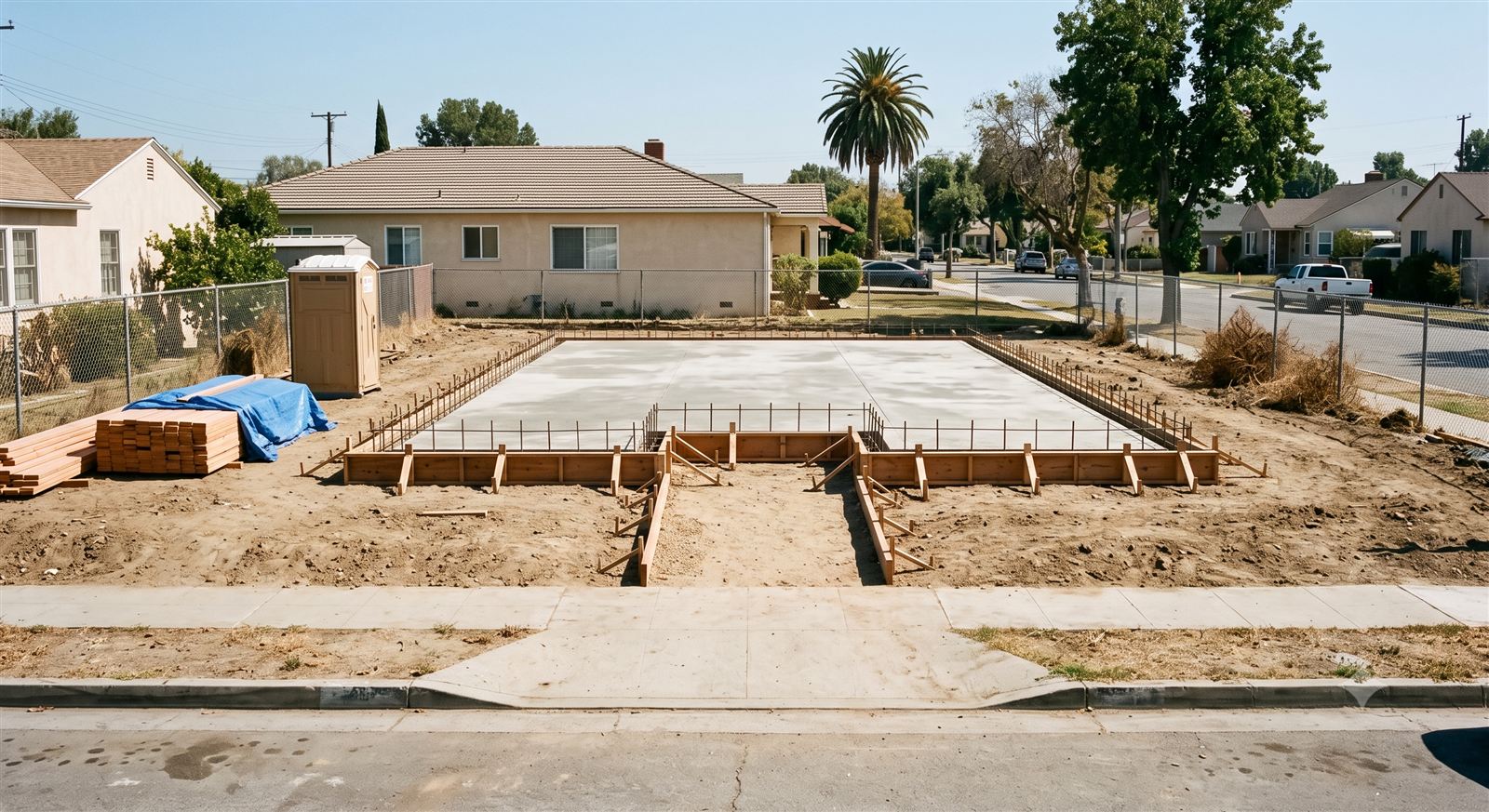 A graded Los Angeles Metro Area lot with a poured slab, formwork, and a lumber stack ready for framing