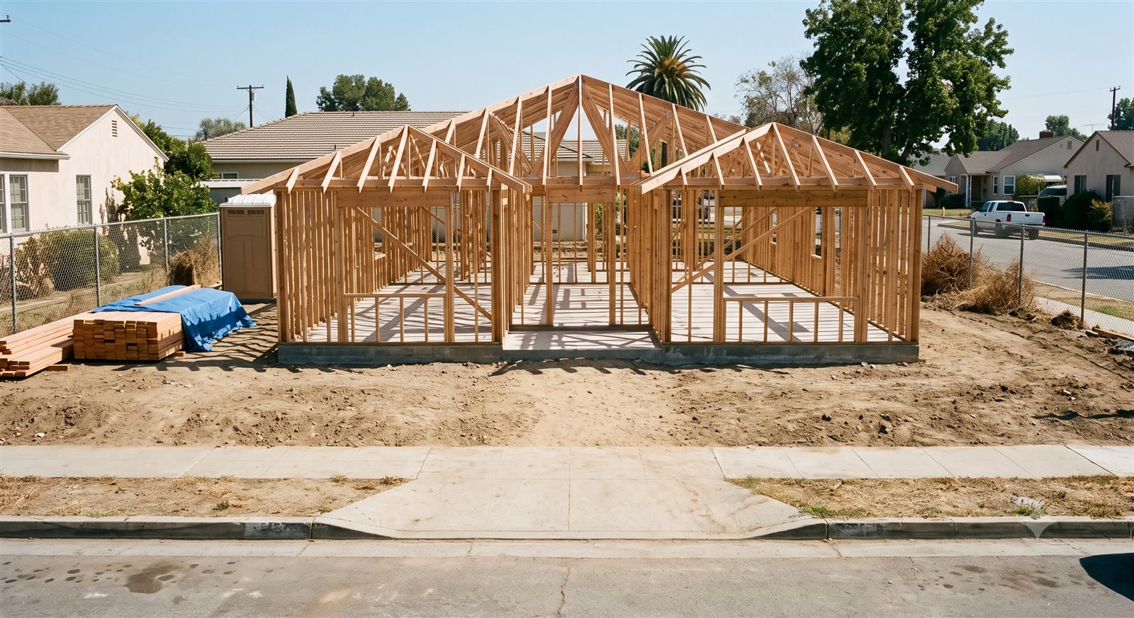 The same Los Angeles Metro Area lot with the wood frame and roof trusses up