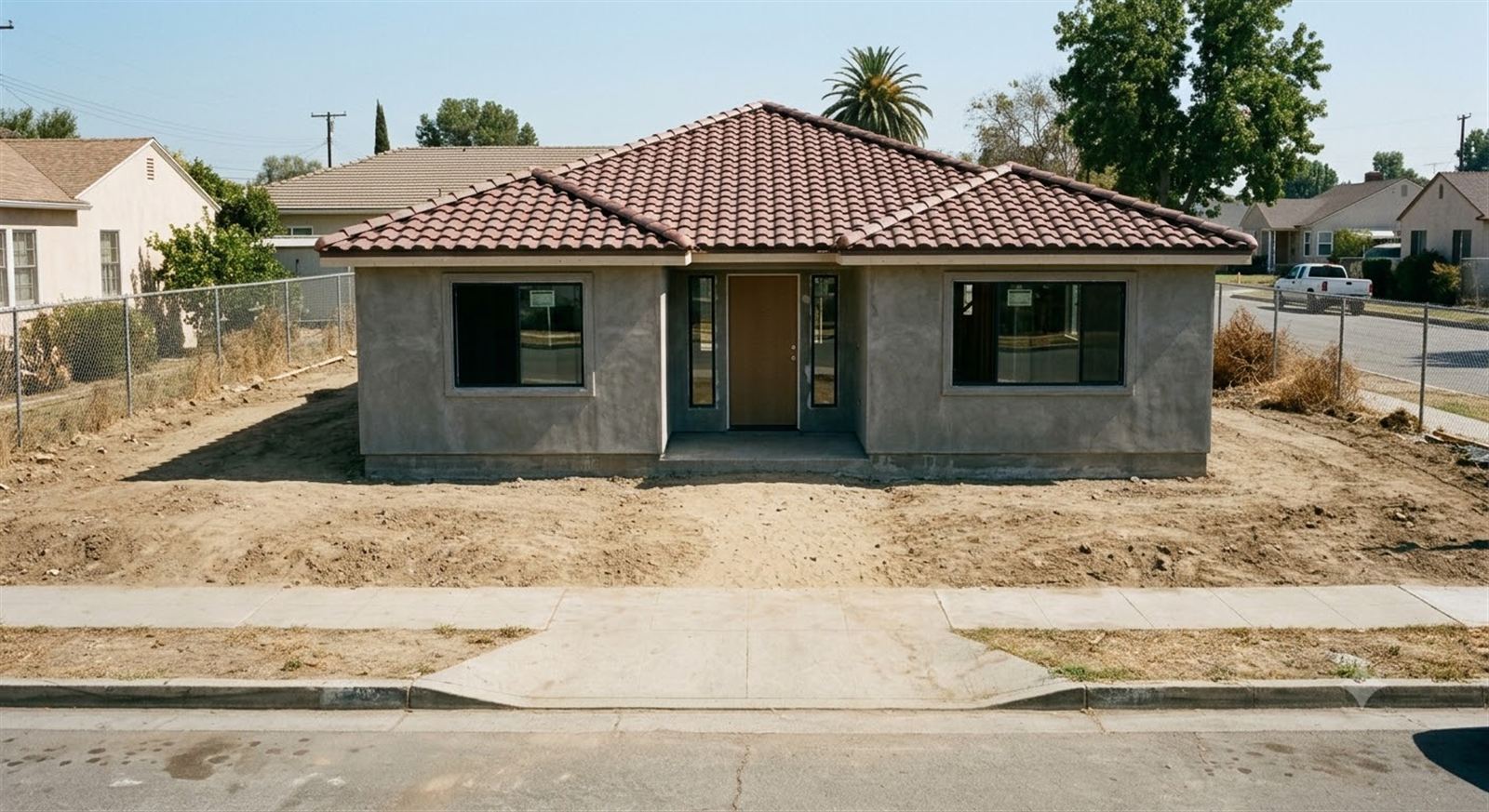The same Los Angeles Metro Area home with the tile roof, stucco, and windows in, before any landscaping