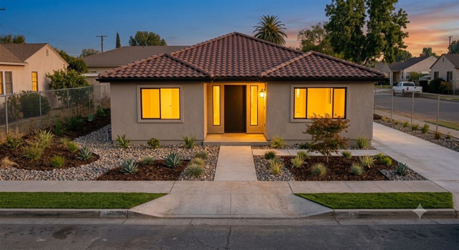 The same Los Angeles Metro Area home finished, lit from inside at dusk
