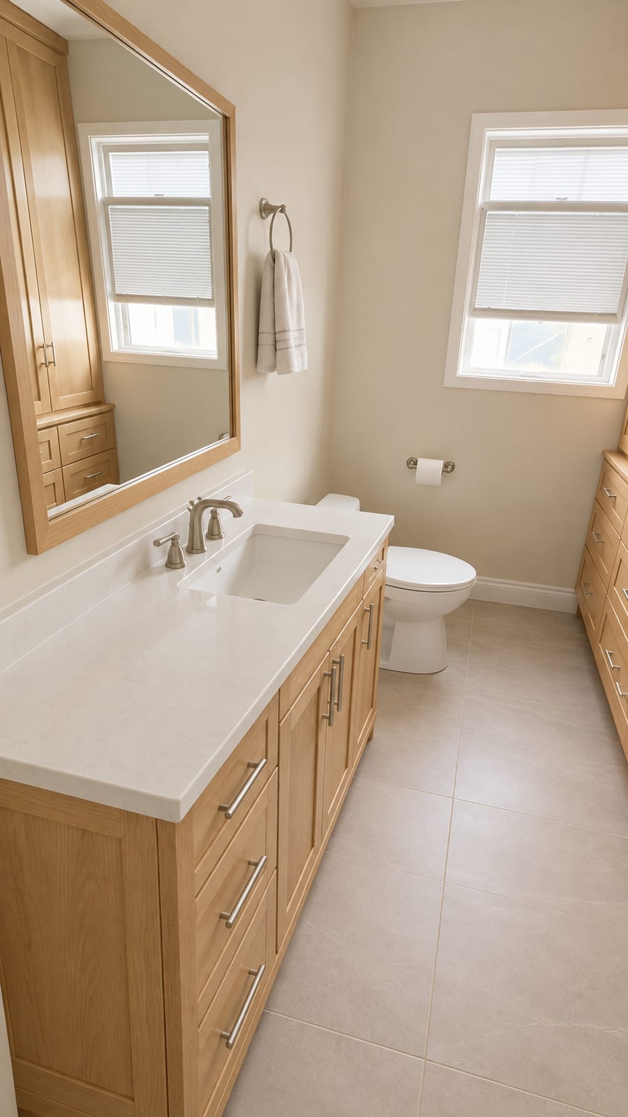 The vanity with a white quartz top, a single sink and the window above