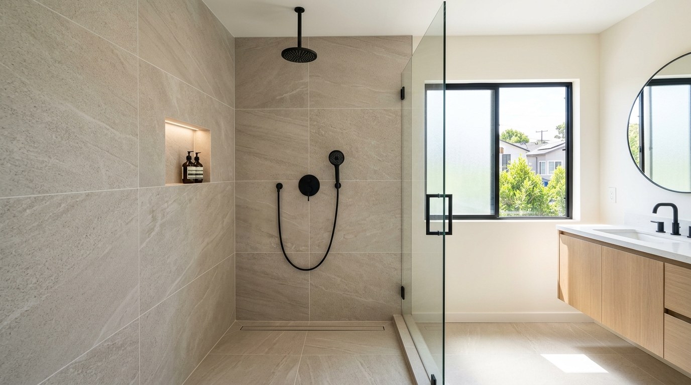 Waterproofed shower tile in a remodeled bathroom