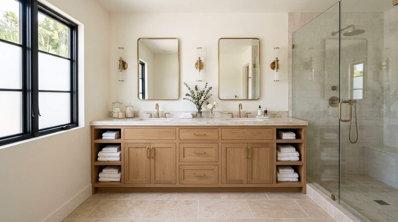 A finished bathroom with a custom vanity and tile