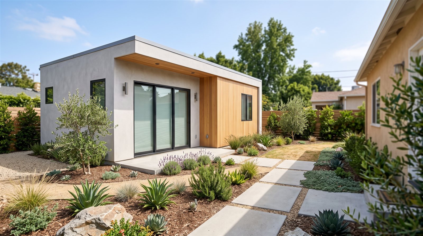 A detached accessory dwelling unit with cedar siding and a drought-tolerant garden