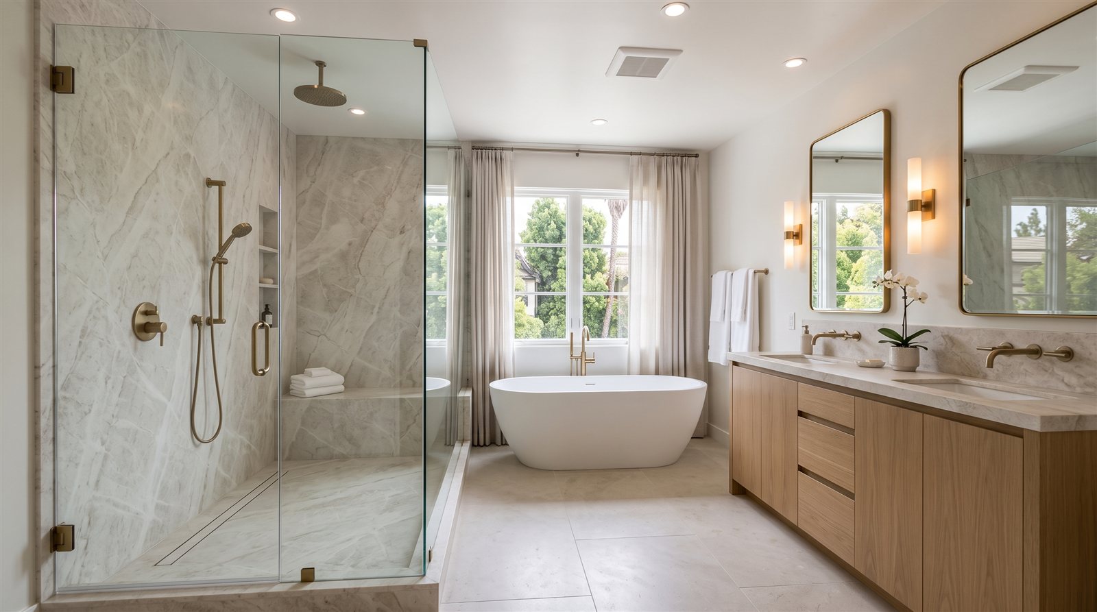 A finished primary bathroom with a marble shower, freestanding tub, and custom vanity