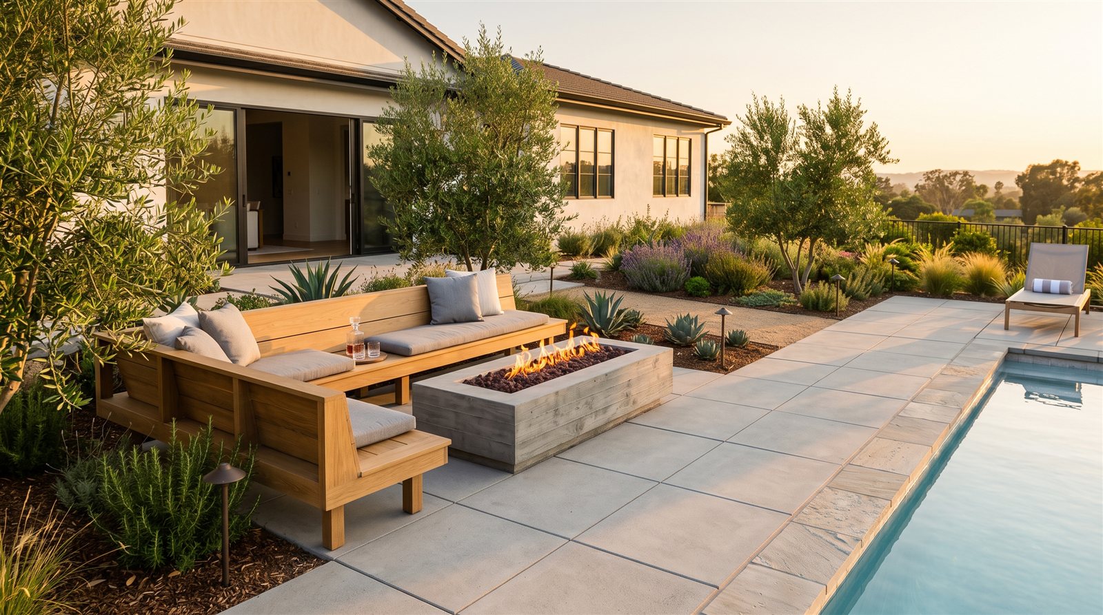 A backyard with a pool, fire table, and drought-tolerant planting at sunset