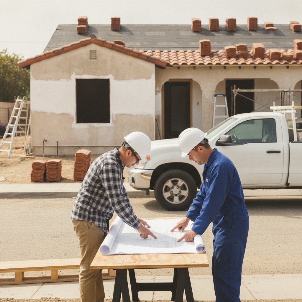A Los Angeles re-roof in progress, with clay tile bundles staged across the deck