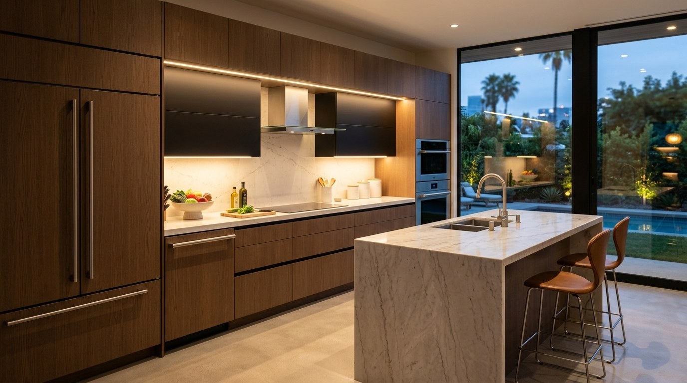 Integrated appliances and pendant lighting over a kitchen island