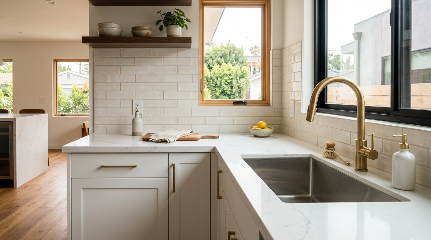 Stone counters and a tile backsplash in a remodeled kitchen