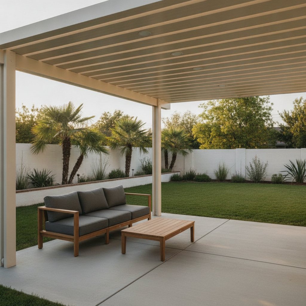 A backyard patio cover with outdoor seating