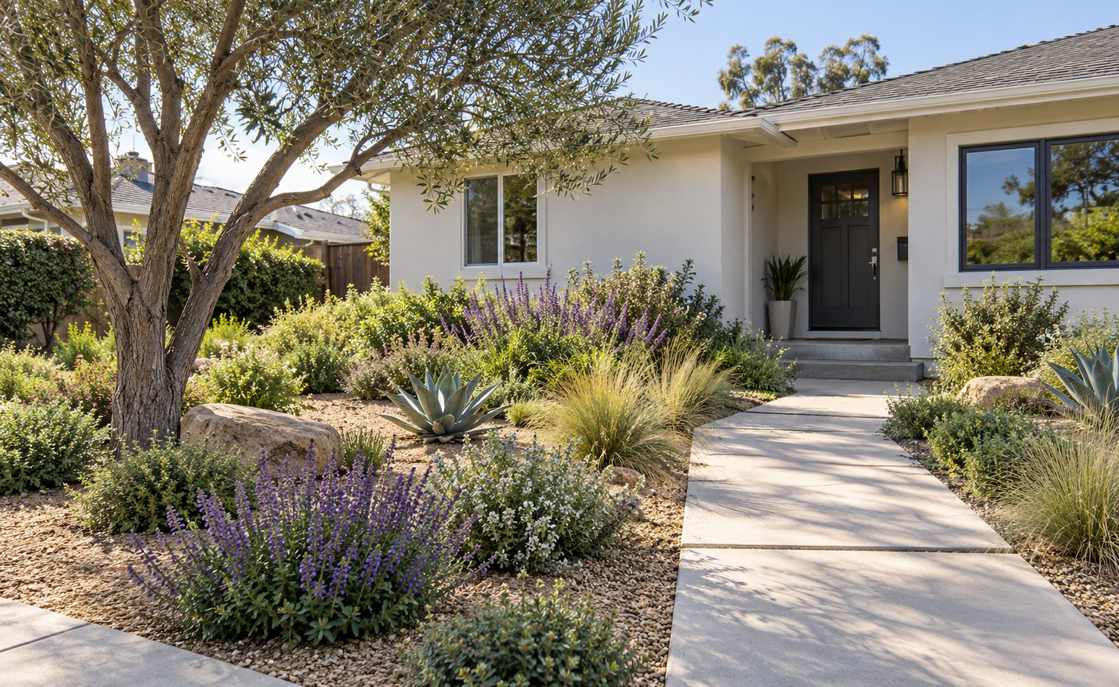 A low-water front yard with flowering sage, ornamental grasses, and a concrete entry walkway