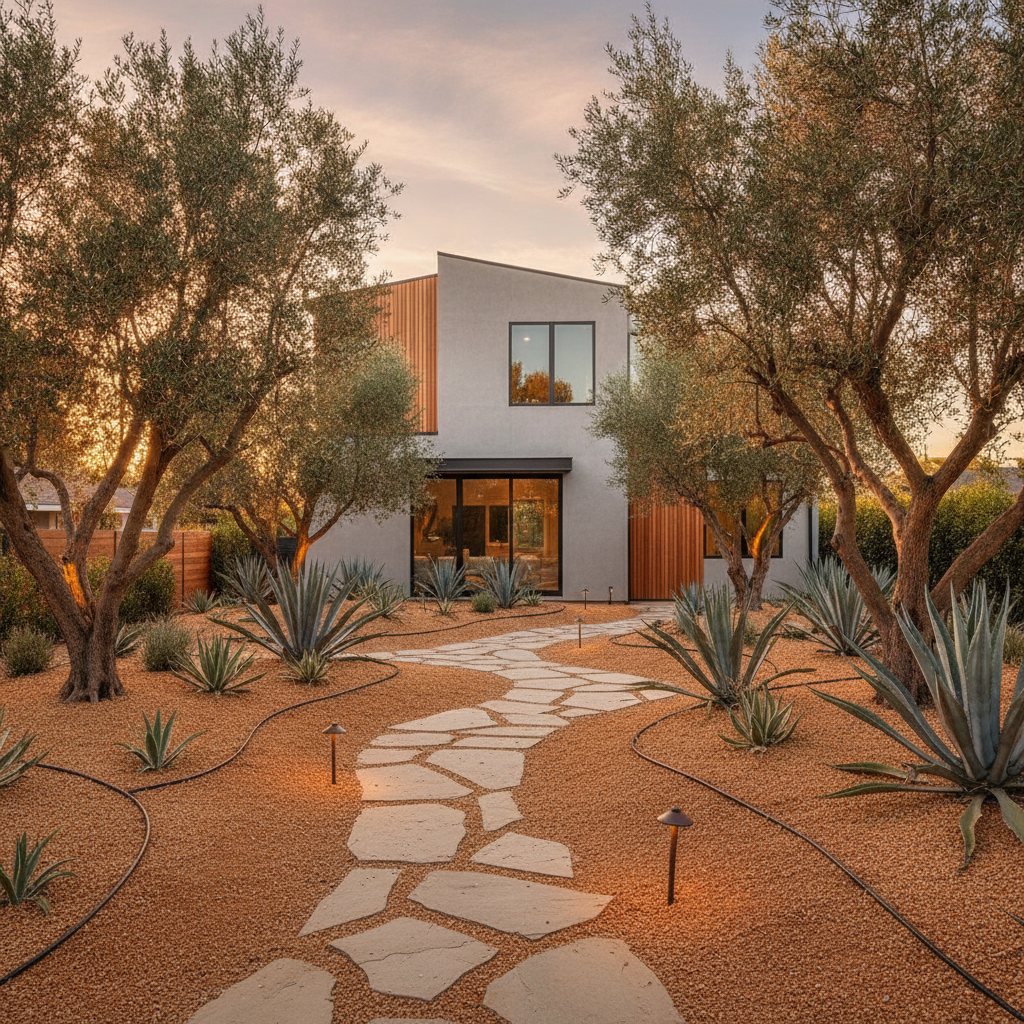 A low-water front yard landscape design with a stone pathway and drought-tolerant planting