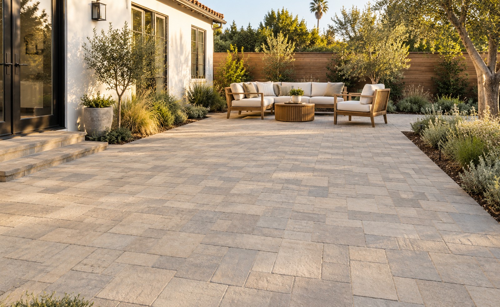 A light stone-tone paver patio with outdoor lounge seating and planted borders