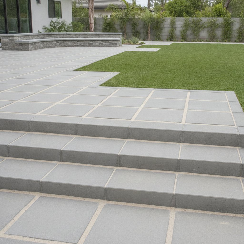 A paver patio and steps opening onto a turf lawn