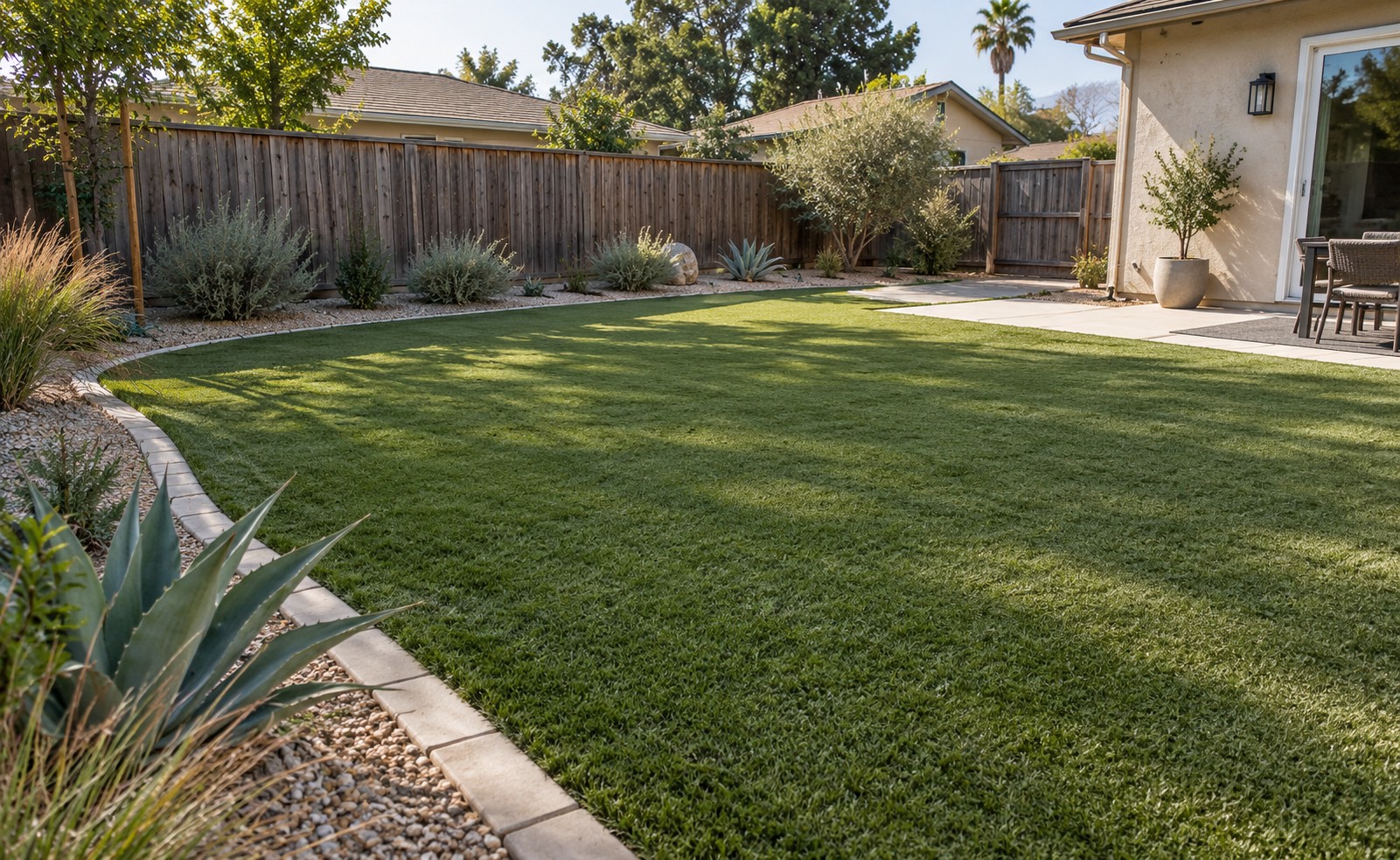 A natural-toned backyard turf lawn with paver edging and drought-tolerant planting
