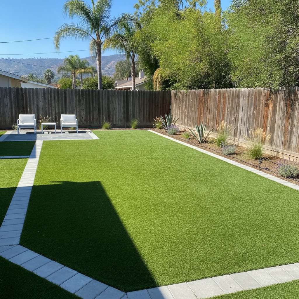 A backyard artificial turf lawn with paver borders and patio seating