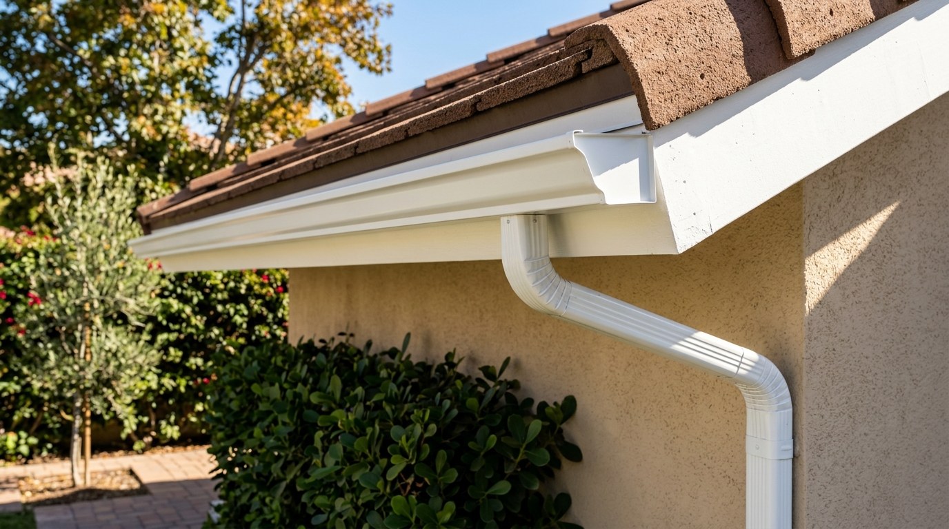 New gutters and fascia installed along a roofline
