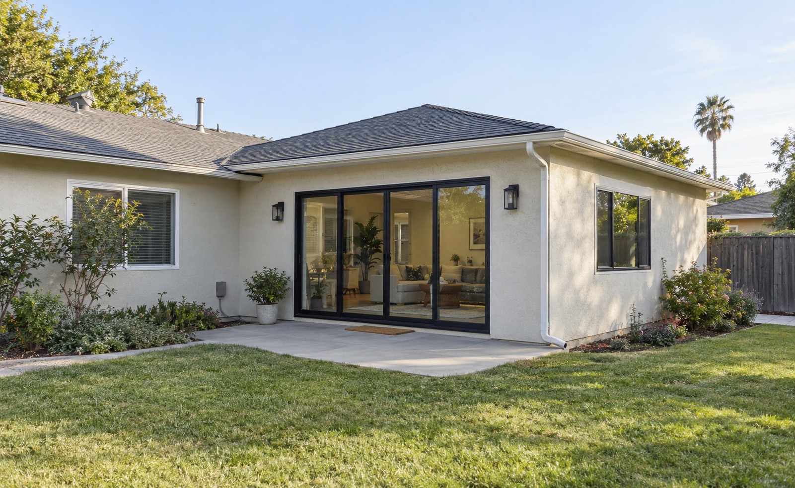 A finished family-room addition attached to a stucco home with sliding glass doors and a backyard patio