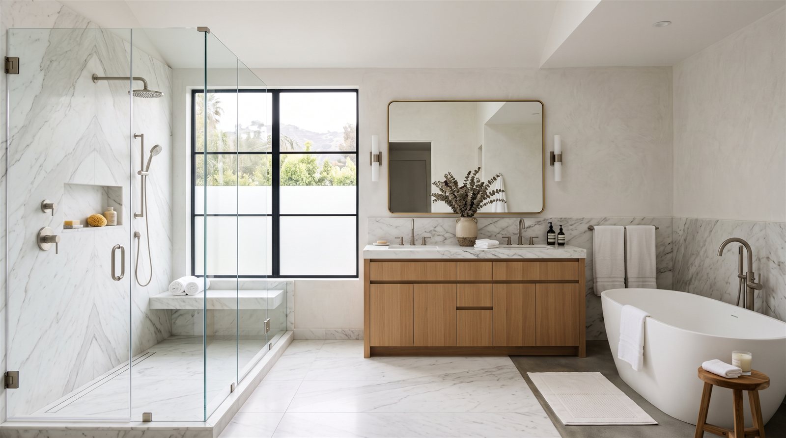 A remodeled bathroom with a marble shower and freestanding tub