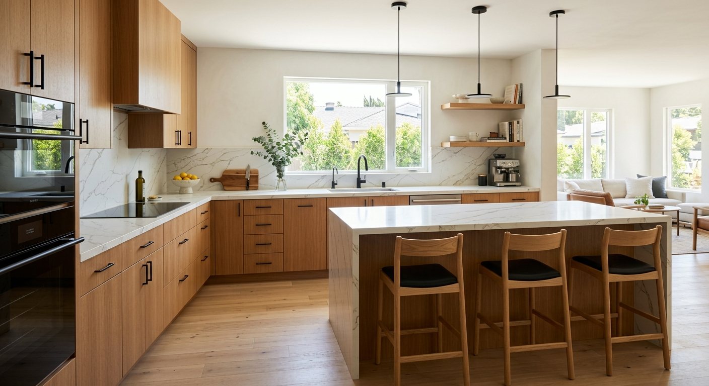 A finished kitchen remodel with wood cabinetry and stone counters