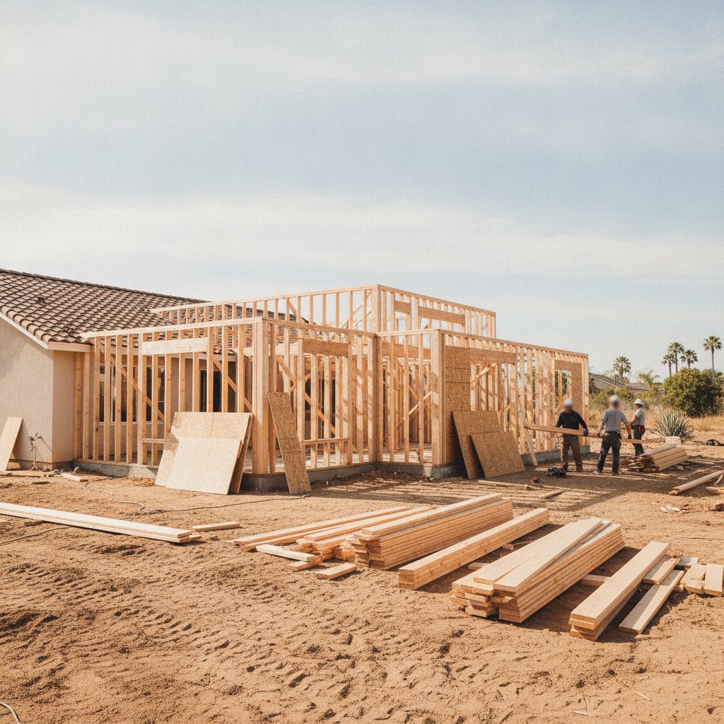 A room addition under construction next to an existing home
